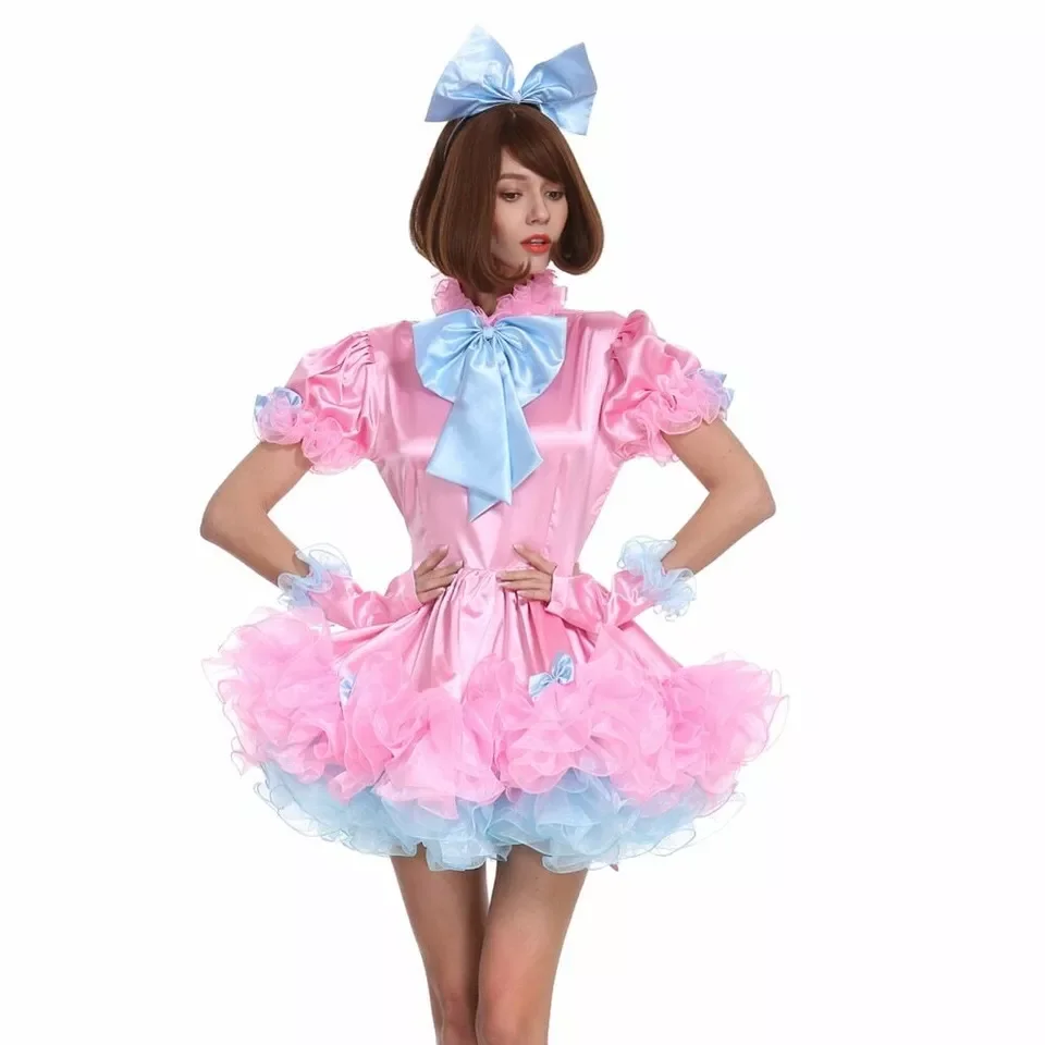 

Sissy satin pink dress lockable blue bow cosplay costume Halloween sexy maid Christmas party costume customization