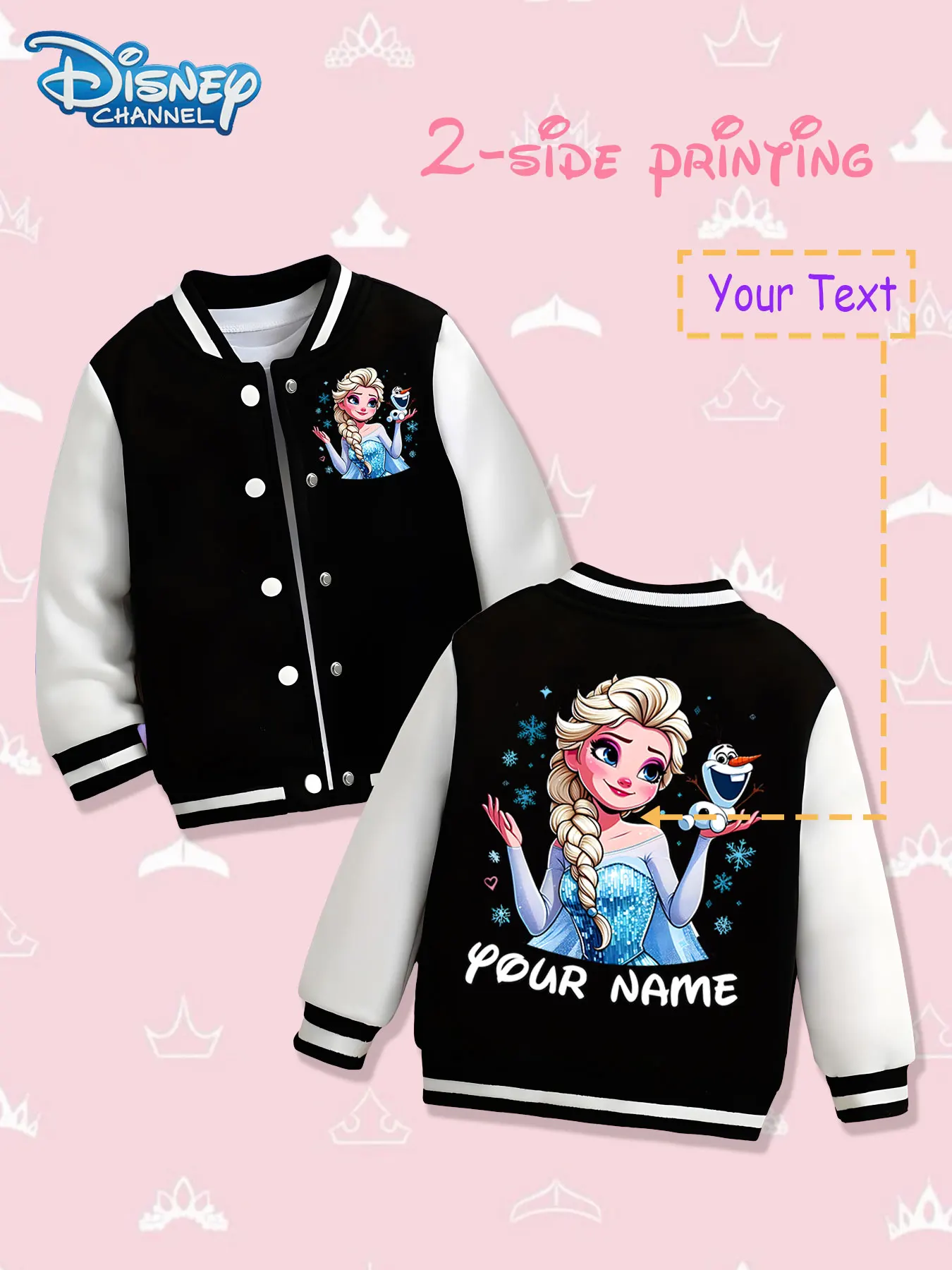 

MINISO Disney Elsa Ice and Snow Children's Baseball Jacket - Double-sided printing of Elsa and Olaf's happy scenes, showing the