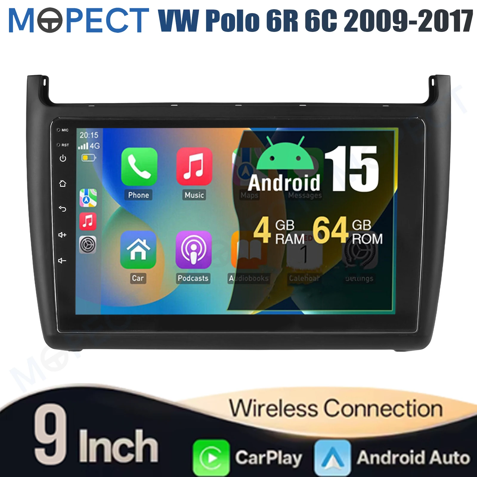 4+128GB 9 inch Android 15 autoradio met CarPlay voor VW Polo 6R 6C 2009-2017 GPS navigatie touchscreen FM/AM head unit SWC+DAB&camera