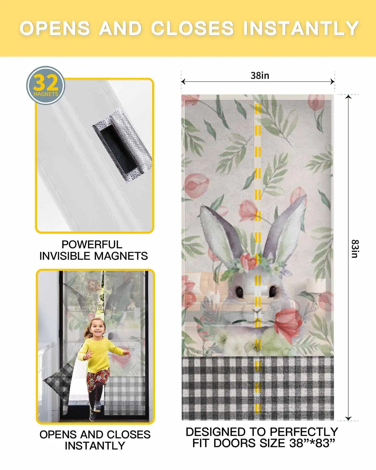 Easter Bunny Flowers Summer Magnetic Door Curtain Living Room Bedroom Home Anti-mosquito Screen Door Curtain