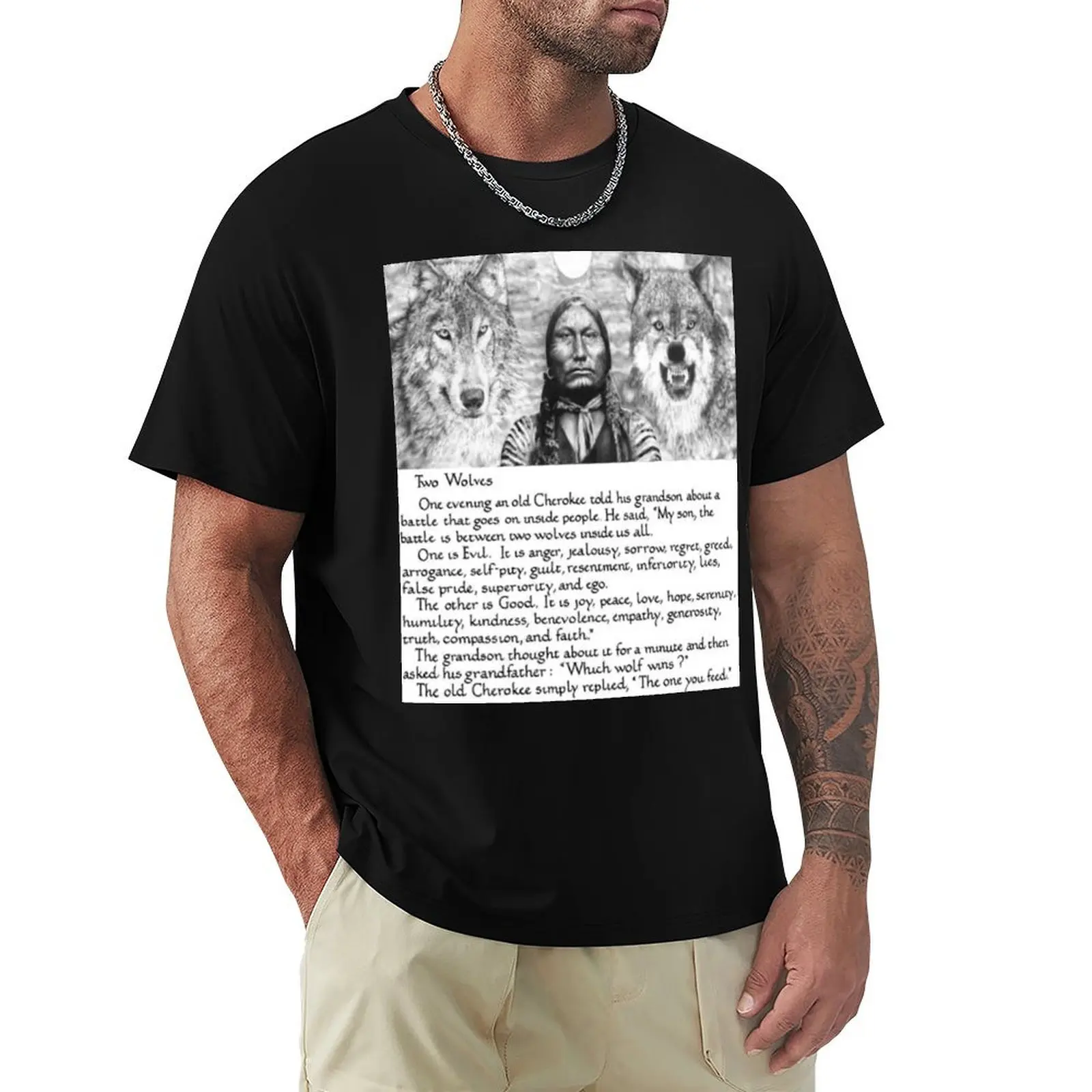 Wise Cherokee saying/ story about 2 wolves T-Shirt Casual Pattern Print Tee Shirt