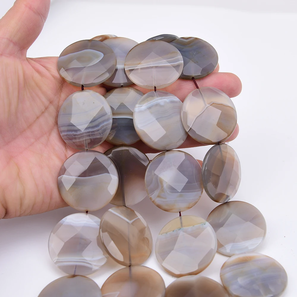 APDGG Large Size 35mm Natural Brown Botswana Lace Agates Stone Faceted Coin Slice Loose Pendant Beads 15'' Jewelry Making DIY