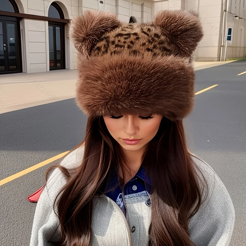 Women's Plush Fake Fur Hat with Bear Ears for Winter Warmth and Fashion. Winter Hat
