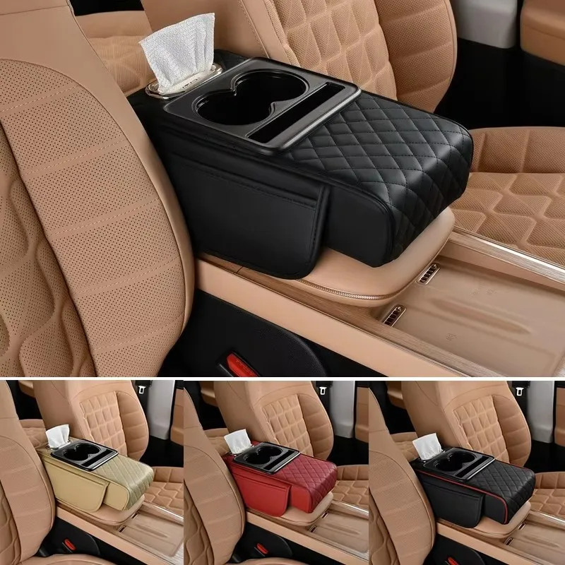 Cojín para reposabrazos de consola central de coche, almohadilla gruesa para reposabrazos con extensión lateral, con portavasos, caja para pañuelos y bolsa organizadora