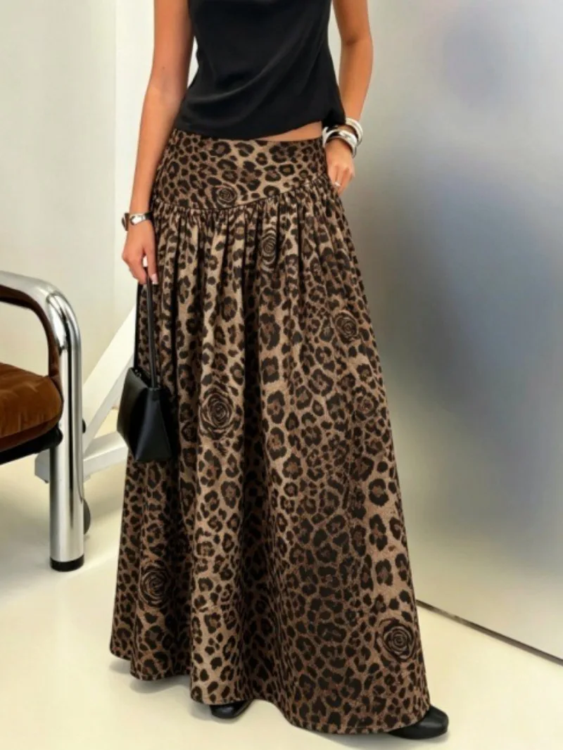 Woman Clothing Fashion Leopard Print Long Maxi Skirt Streetwear 2026 Autumn Female Zebra-stripe Loose Skirts Chic Pleated Dress