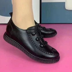 2023 Black Spring Leather Shoes Mom Comfort Retro Stitching Flats Wedge Leather Sneakers Womens Walking Shoe