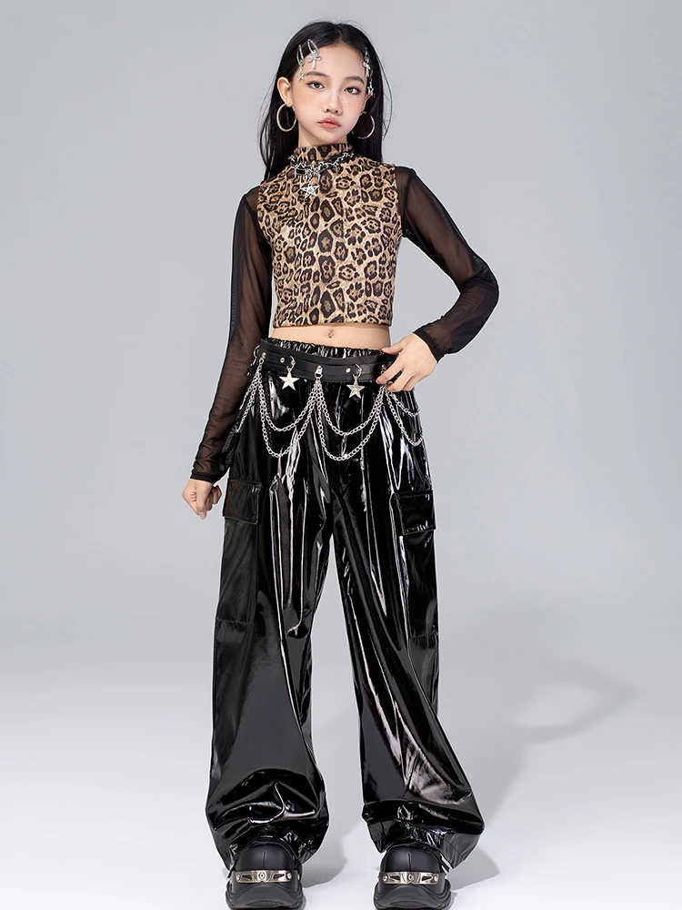 Vêtements de danse Jazz pour filles, gilet imprimé léopard, haut en maille, pantalon noir, mode Kpop, Costume de spectacle, vêtements de danse de rue, 4576