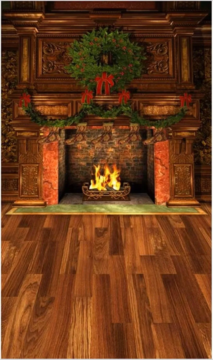 Christmas Fireplace Photography Backdrops Vintage Furniture Green Pine Garland Baby Kids Children Photo Background Wooden Floor