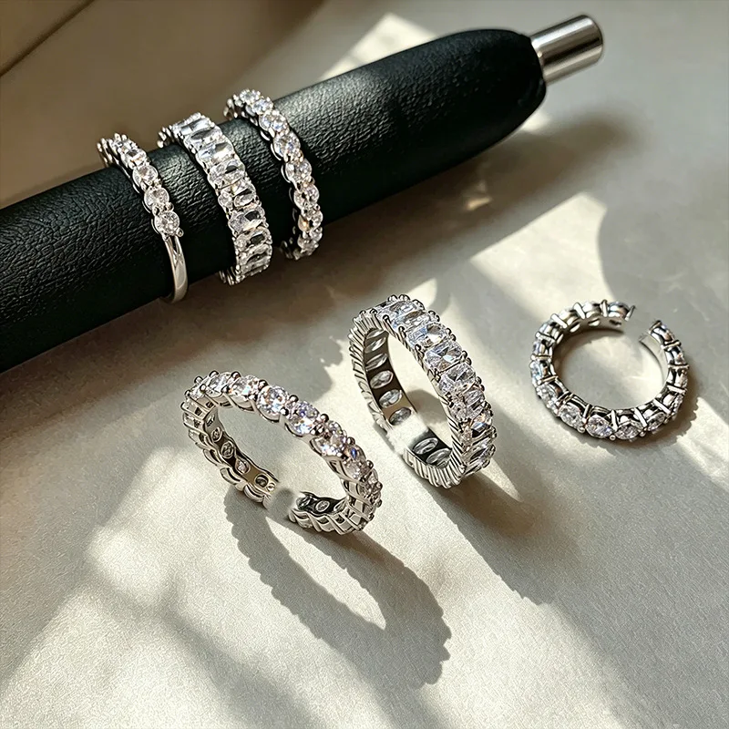 Ring Sparkling Pavé Cubic Zirconia Full Diamond Band Stackable Index Finger Jewelry Premium Lightweight Silver Plated Elegant
