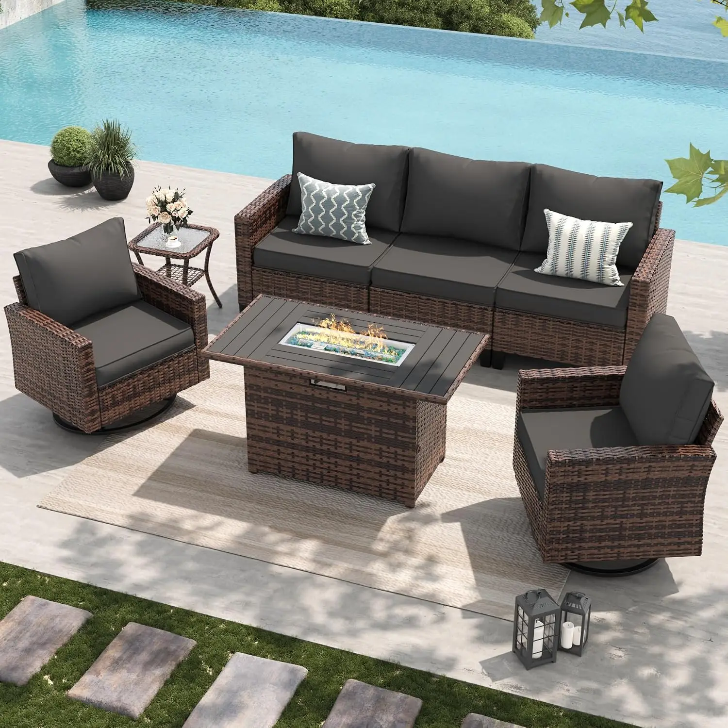 Sectional Sofa Set With Fire Pit Table, Swivel Rocker Chairs, All-Weather Wicker, Waterproof Cover Patio Deck 5 PCS, Customized