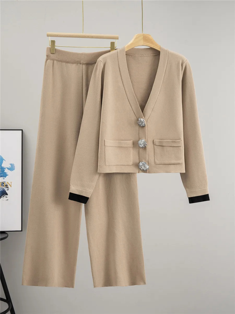 الكورية تصميم محبوك 2 قطعة مجموعات النساء زر كبير الخامس الرقبة طويلة الأكمام سترة القمم Conjuntos عالية الخصر بنطال ذو قصة أرجل واسعة الزي