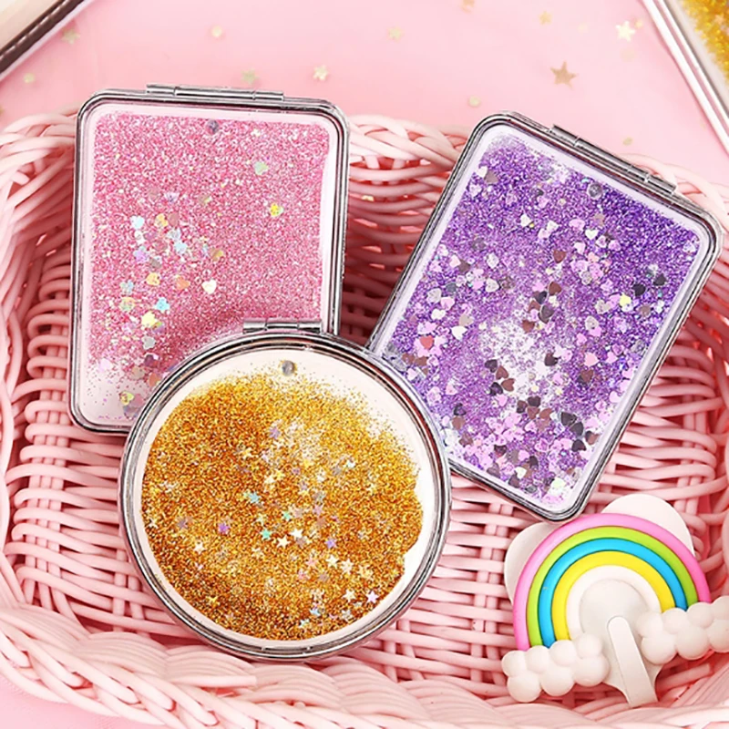 Flowing Sands Mini Folding Makeup Mirrors Pocket Mirror For Girls Women Double-Sided Sparkling Make Up Mirror Beauty Accessories