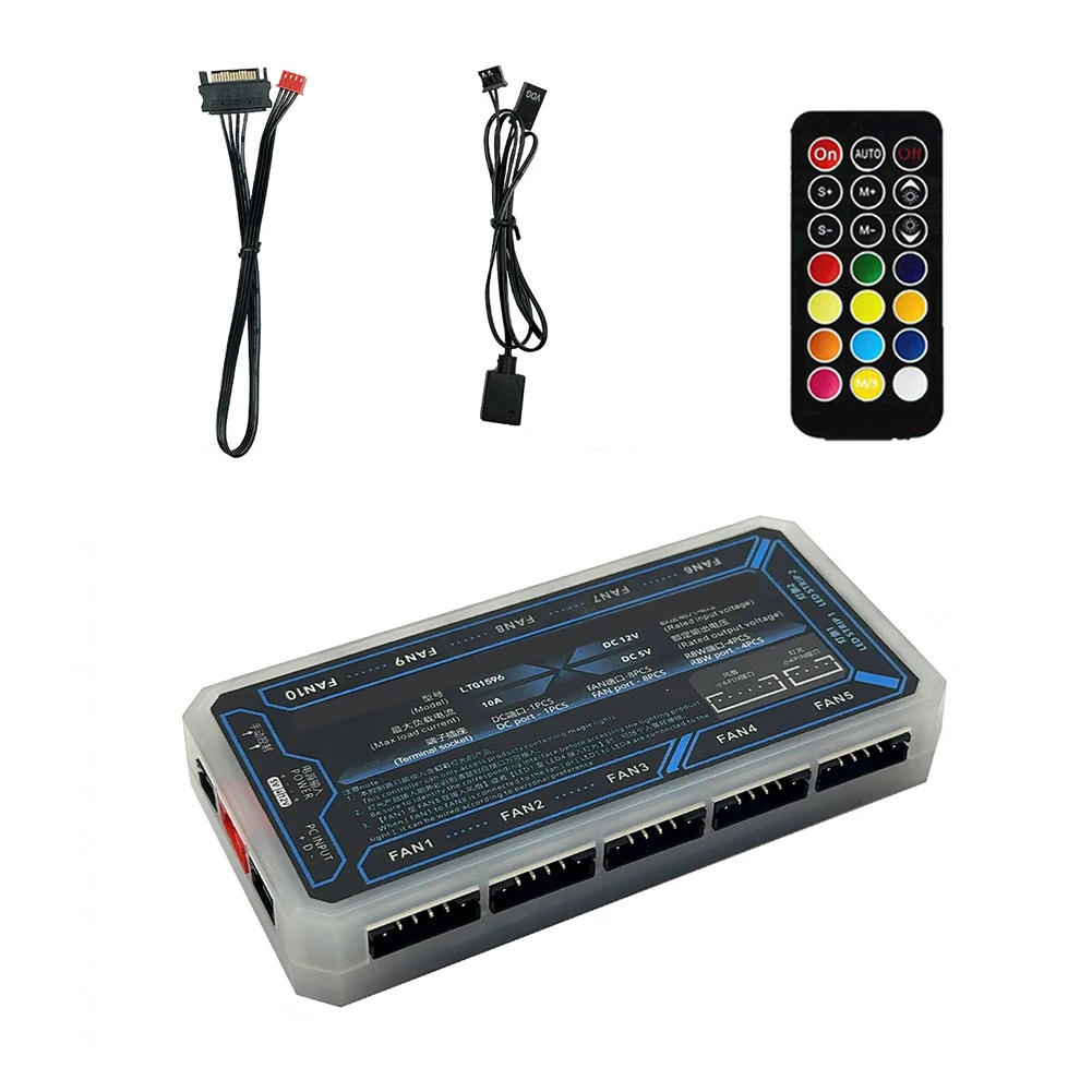 Computer Case Fan RGB Hub With 6-pin Interface And 10+2 Wireless Remote Control Supports 365Remote Control Lighting Effect Modes