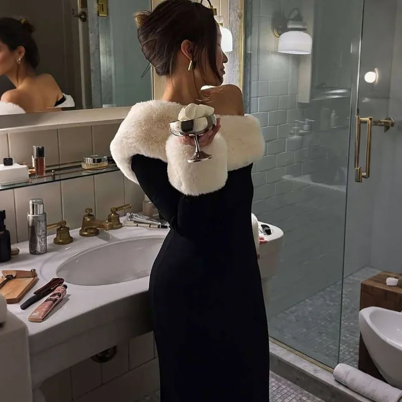 

Vintage Elegant Vibe Black and White Fur Collar Splicing Slanted Shoulder Slim Fit Fashion Long Sleeve Dress Women
