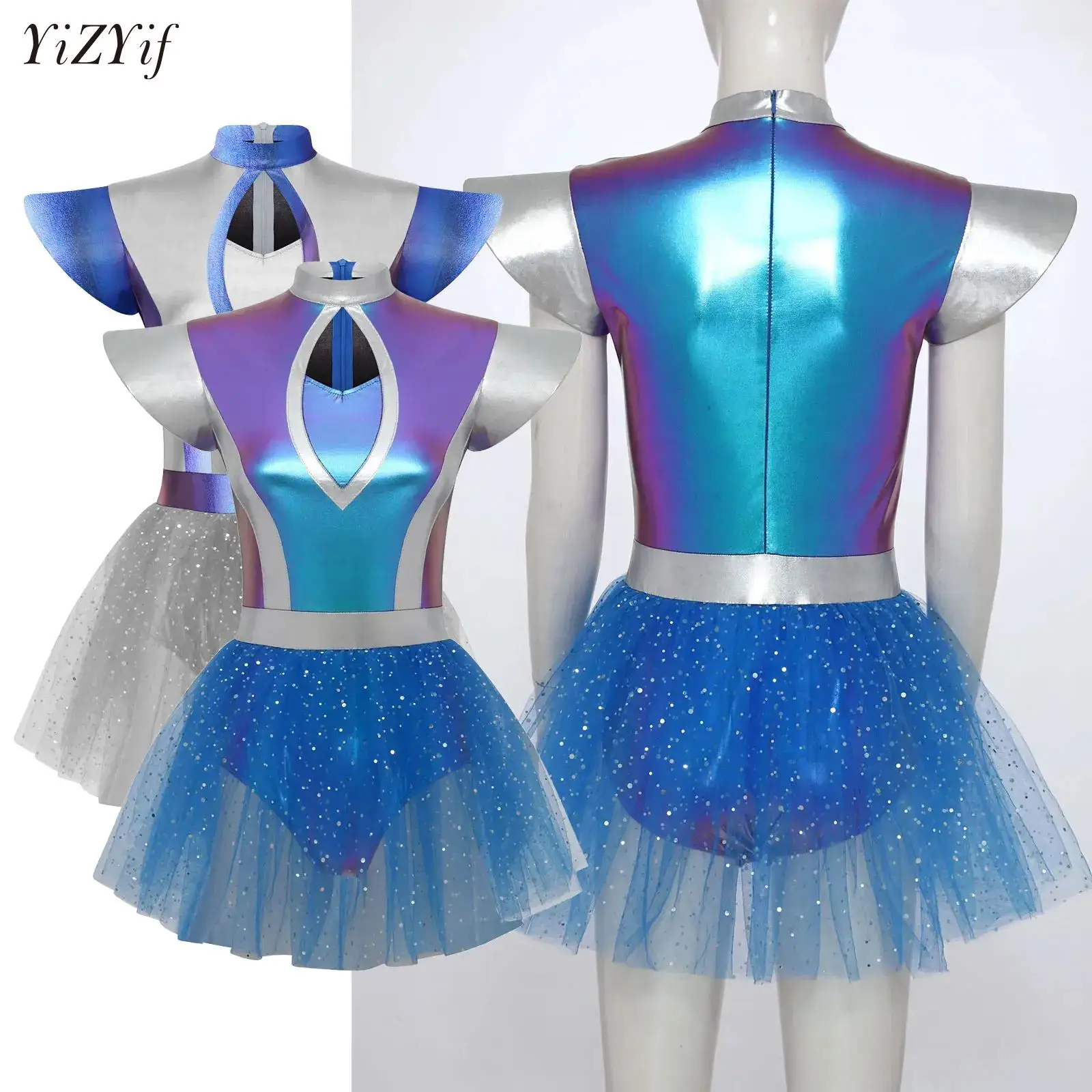 

Womens Outer Space Fighter Alien Dress-up Costume Metallic Shiny Robot Leotard Tutu Dress Halloween Astronaut Cosplay Outfits
