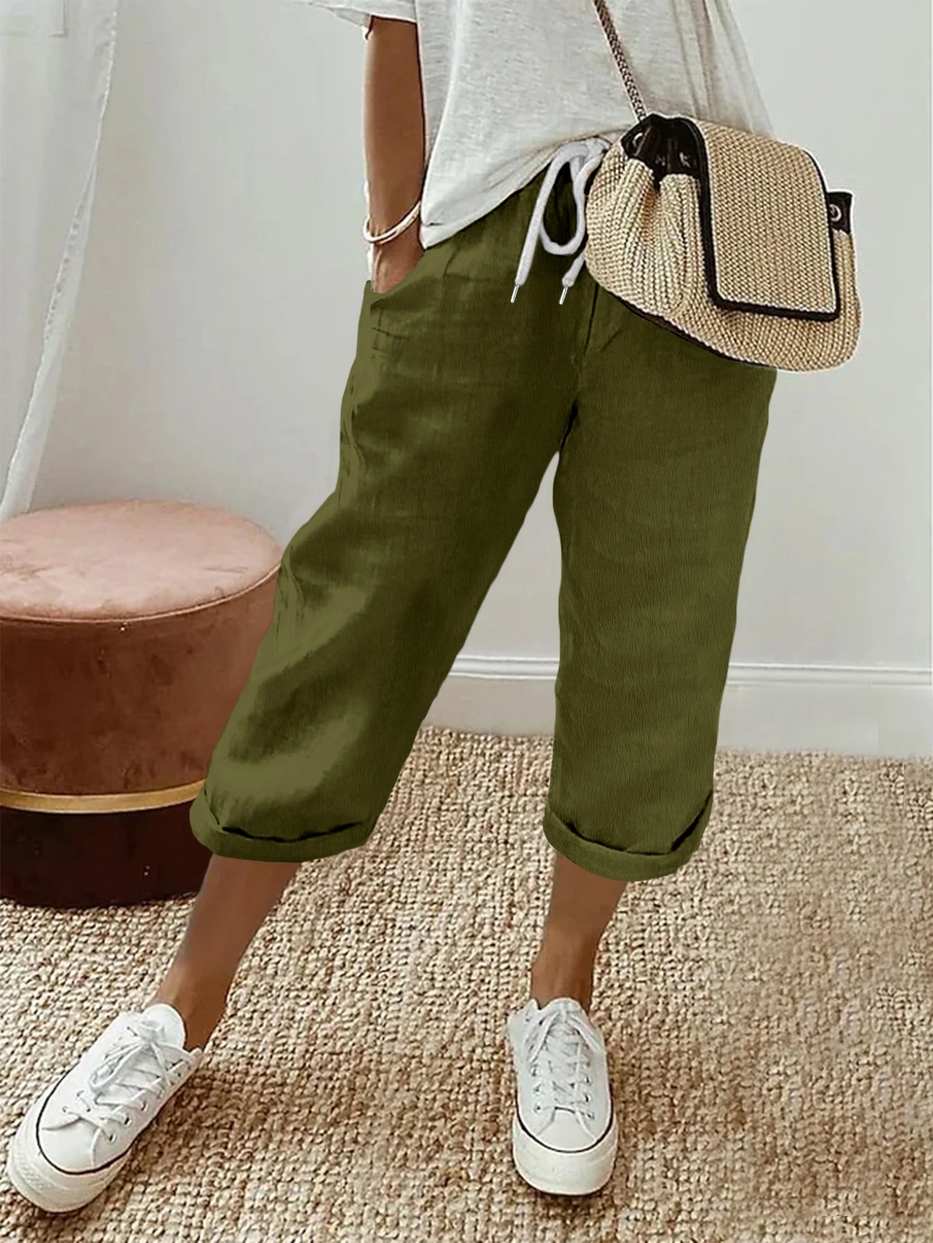 Summer Women Plus Size High Waist Drawstring Capri Pants Loose Casual Lounge Cropped Trousers Bottoms