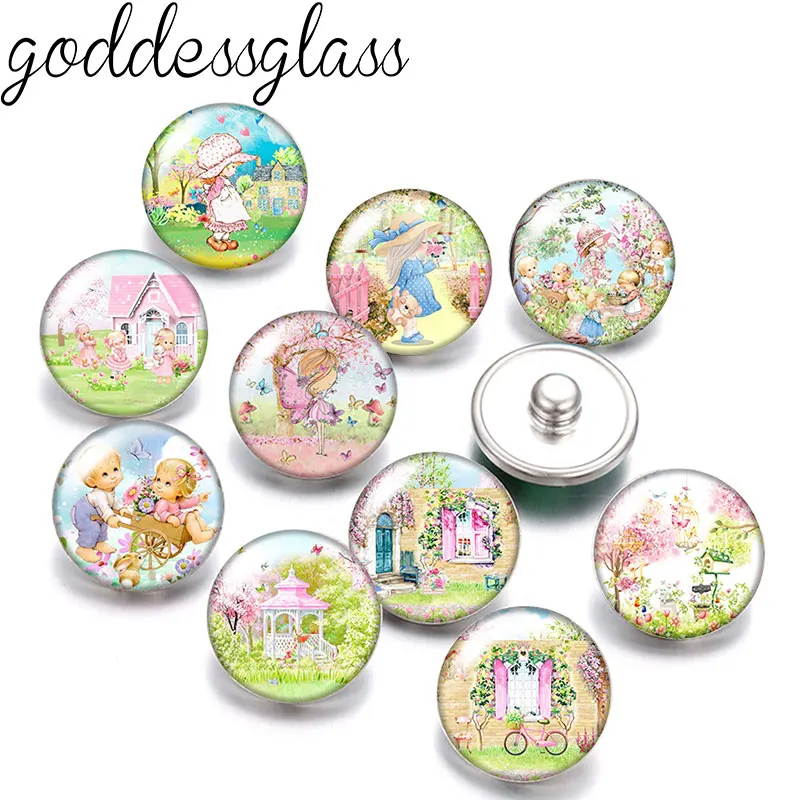 

New Beauty Drawing Girls garden Cute 10pcs Round photo 12mm/18mm snap buttons for 12mm/18mm snap necklace DIY findings jewelry