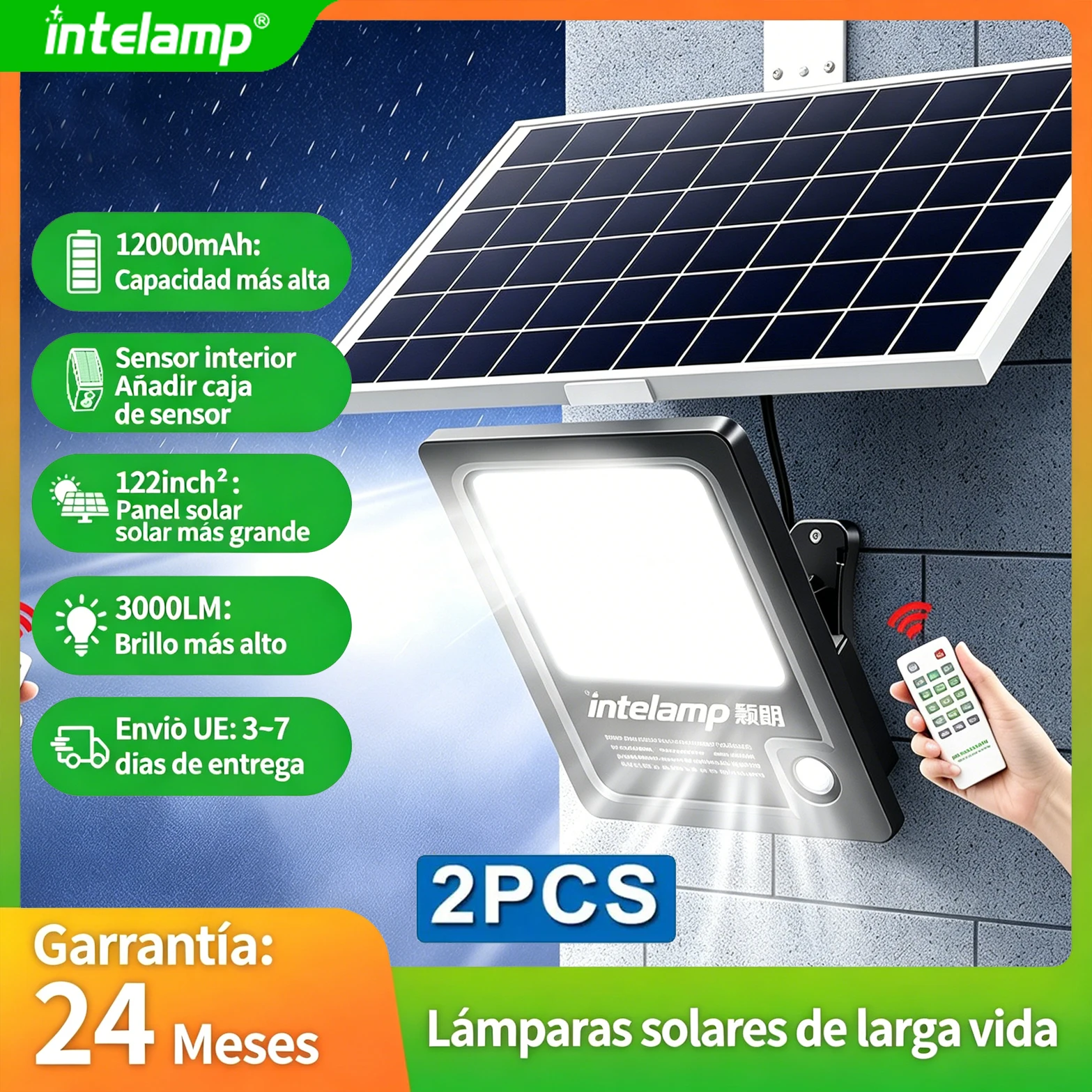 Intelamp 2 Luces Solares de Seguridad para Exteriores, 12000mAh, 3000LM, Sensor de Movimiento, Impermeables, para Jardín, Patio, Garaje luces solares para exterior luz solar exterior luz solar focos solares exteriores