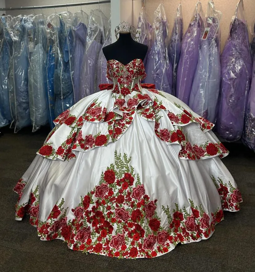 White Red Mexican Charro Quinceanera Dresses customsized 3D Floral Applique Corset Princess vestido 15 anos debutante luxo