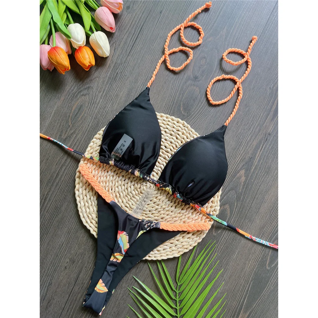 Kariertes Halterneck-Mini-Micro-Tanga-Bikini-Set für Damen, zweiteiliger Badeanzug, Badebekleidung, Badeanzug, Schwimmbikini V6171 – Detail 9
