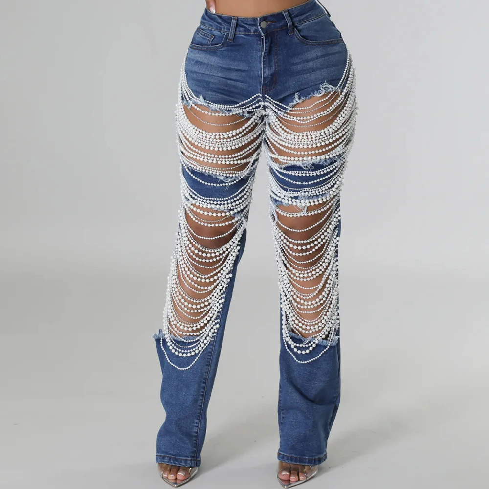 

Summer Hot Girl Beaded Pants Fashion Hollow Out Tassel Wide Leg Jeans 2024 New Elastic Denim Pants Women Street Trousers