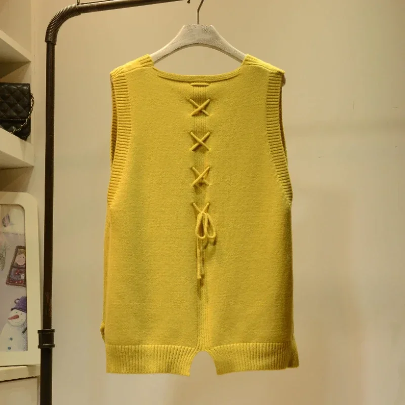 Winter Button Knitted Top for Women Yellow Long Vest V-neck Ladies Sweaters Cashmere Y2k Vintage Jersey Korean Style Cold New In