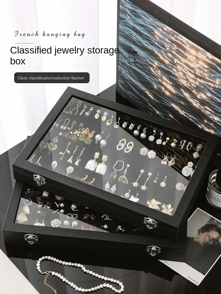 

Stylish Black Jewelry Storage Box Transparent Glass Cover for Earrings Necklaces Rings Bracelets And Other Accessories