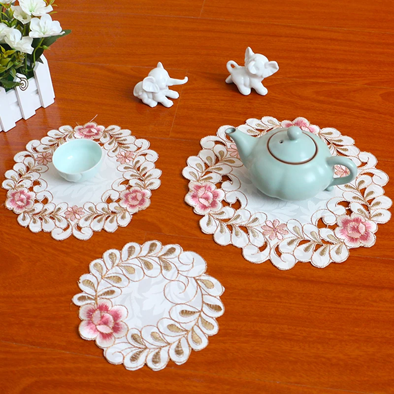 Satin Rose Flower Embroidery Place Table Mat Cloth Pad Cup Doily Napkin Coaster New Year Placemat Christmas Wedding Kitchen