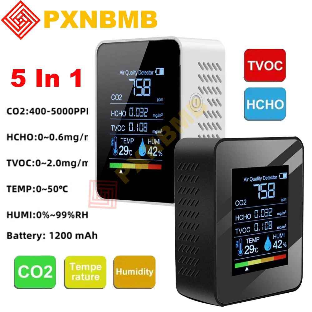 

Air Quality Monitor 5 in 1 Indoor CO2 Detector Formaldehyde HCHO TVOC Tester LCD Temperature Humidity Tester Alarm Meter WIFI
