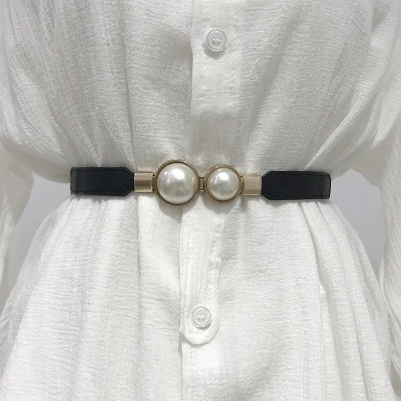 Pearl Buckle Belt PU Leather Dress Skirt Waist Elastic Thin Women Belts Ladies Waistband Trouser Decoration Fashion Accessories