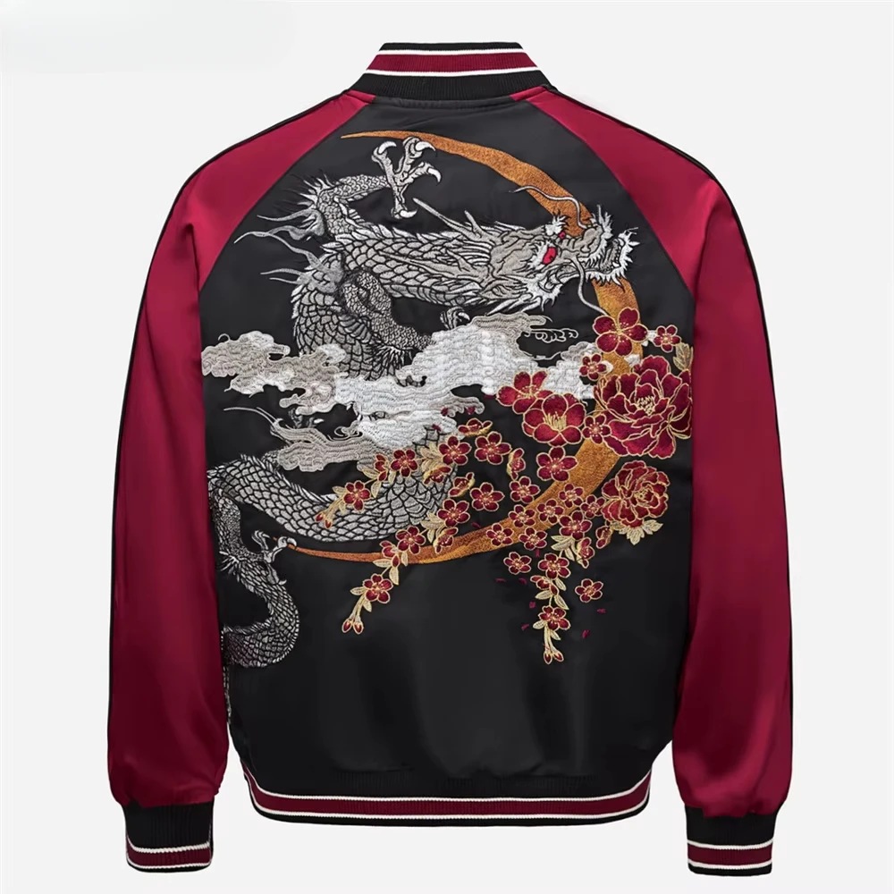Hip Hop Streetwear Harajuku Motorcycle Jacket Baseball Jacket High Quality Dragon Embroidered Yokosuka Coat Men Motorcycle