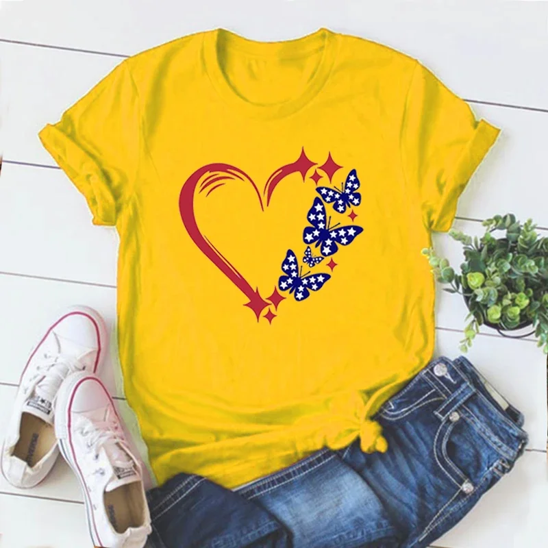 

USA Butterfly T Shirt Aesthetic 4th of July Independence Day Women Clothes America Heart Tops Freedom Day Shirts m