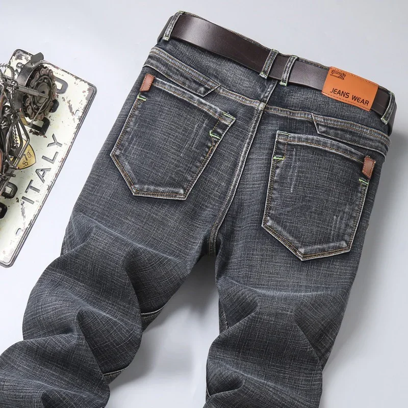 2025 hommes nouveau 28-40 hommes classiques pantalon droit affaires bleu noir jean élastique coupe ajustée décontracté travail pantalon