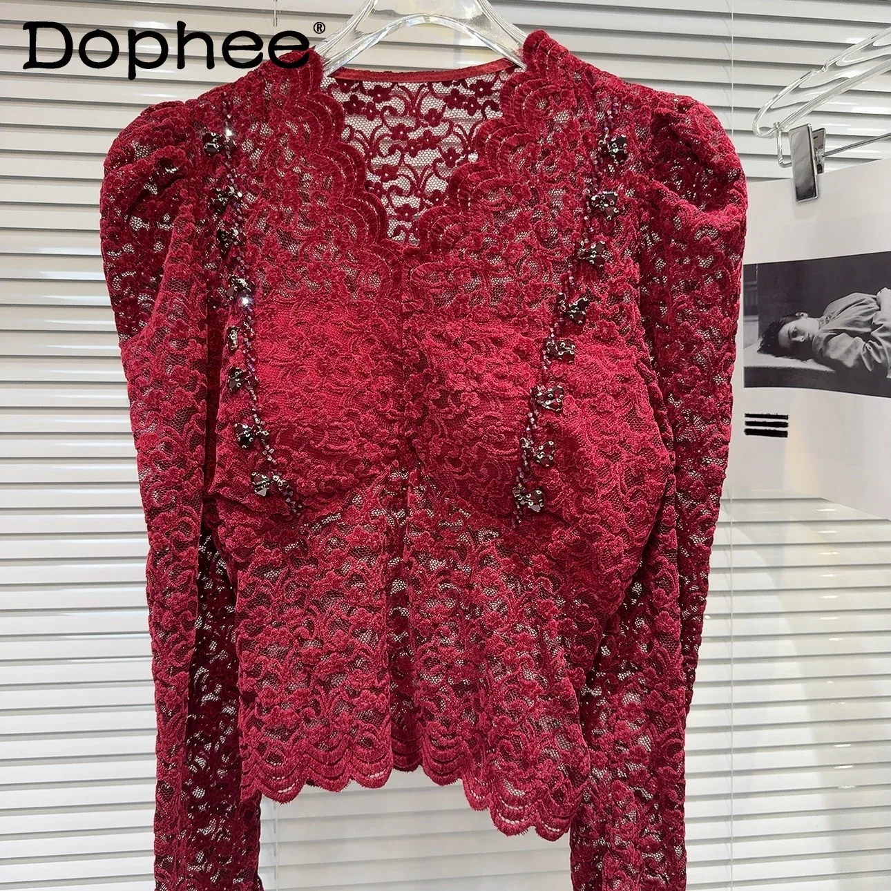 

womens tops Rhinestone Beads Bubble Sleeve Lace Shirt Sexy Girl 2024 Autumn New Vintage V-Neck Long Sleeve Short blouse women