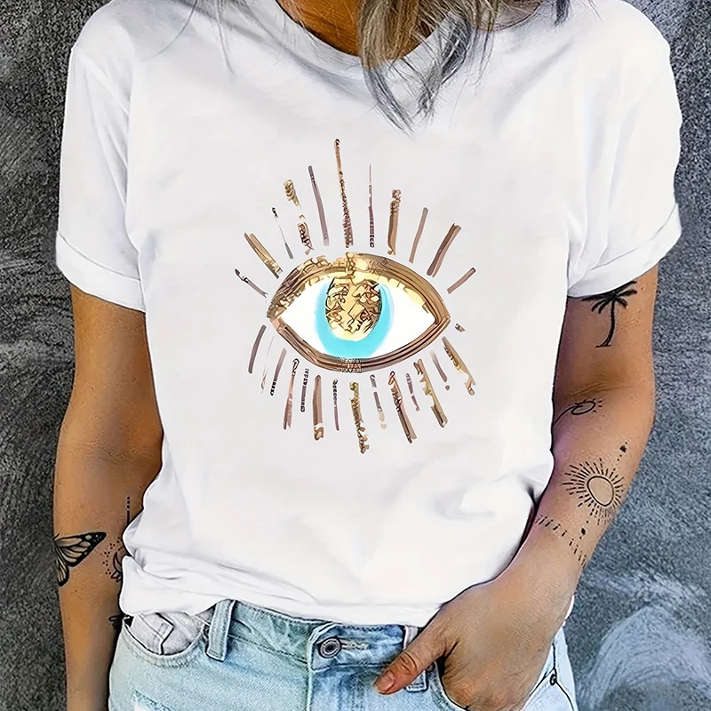 

Shiny Eye Print Crew Neck Tee Versatile Short Sleeve Simple Comfy T-shirt Women's Clothing White Graphic Female Tops Harajuku