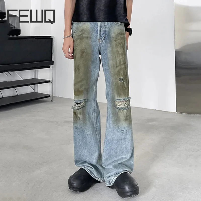 

FEWQ Mud Dyed Washed Dirty Pants Straight Tube Loose Middle High Waisted Slightly Flared Jeans Men's Trendy 2024 Vintage New