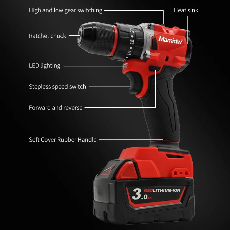 Mamidw 150N.M 브러시리스 전기 임팩트 드릴 LED 조명 무선 스크루 드라이버 밀워키 18V 배터리 충전식