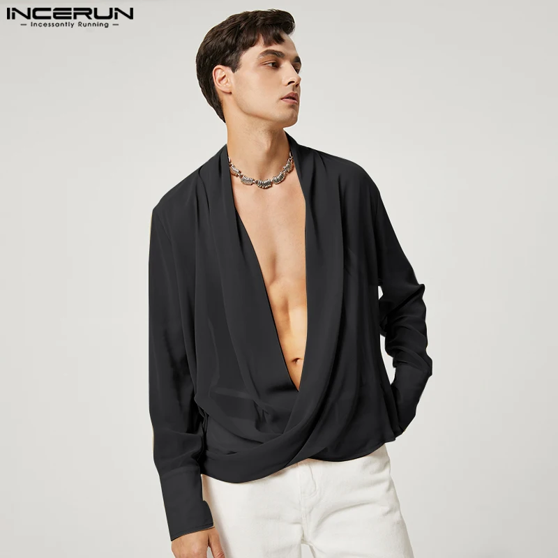 Casual Well Fitting Tops INCERUN 2024 New Men\'s Fashion Bright Stripes Pile Shirts Stylish Solid Cross Long Sleeve Blouse S-5XL