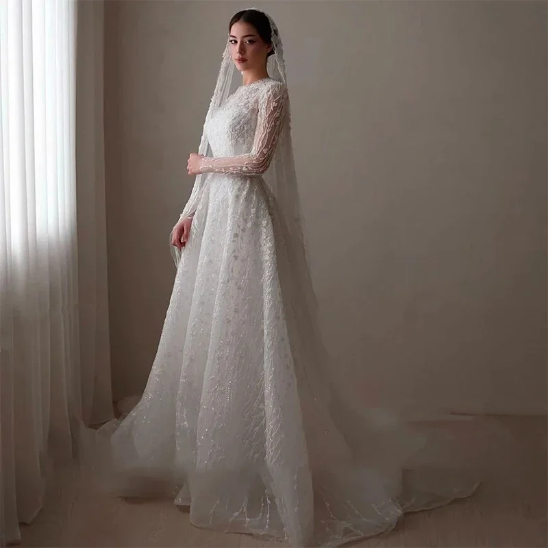 2026 Elegant Lace Beaded Princess Wedding Dress High Neck Long Sleeve A-line Bridal Ball Dress Arabic Wedding Dress Customized
