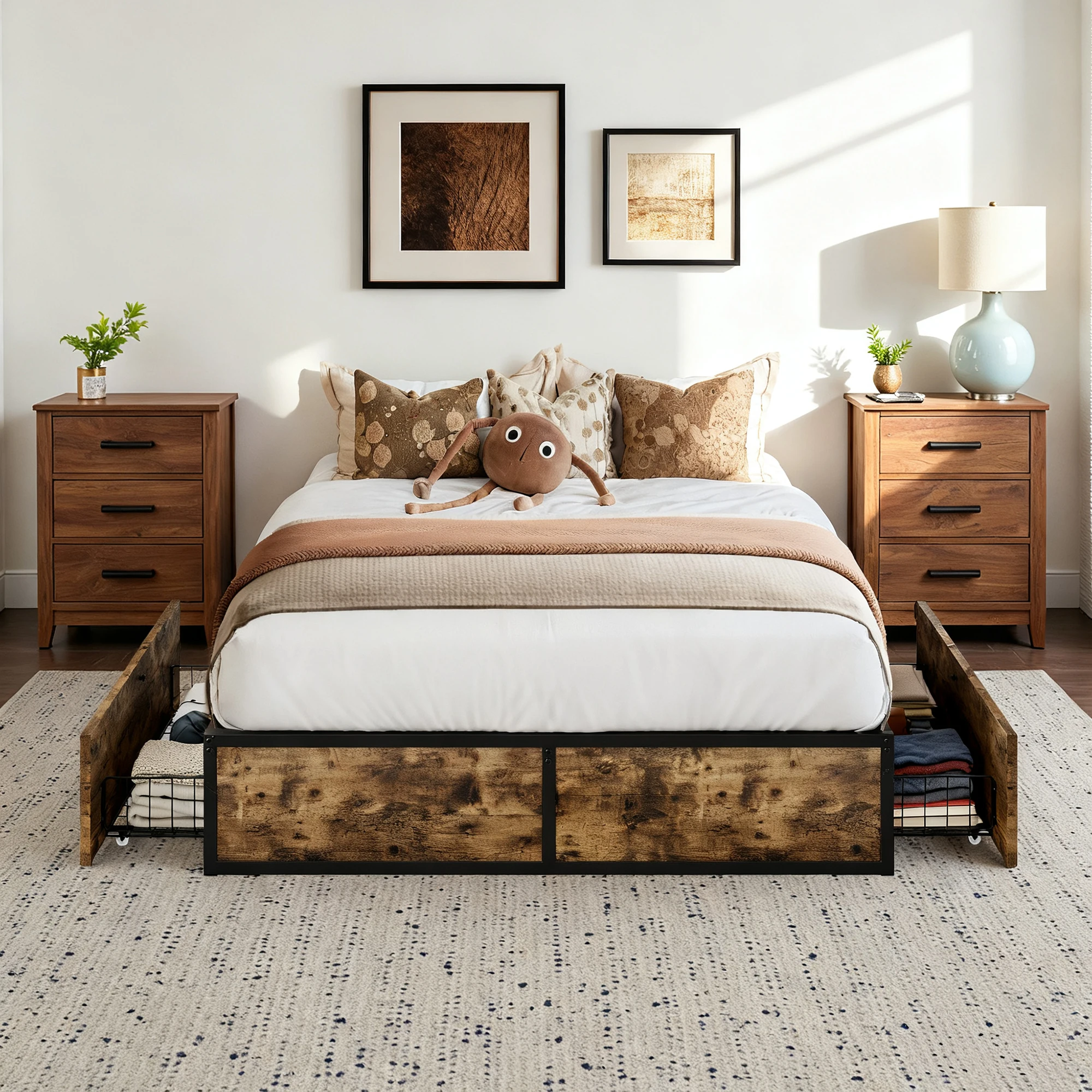 HOOMIC Full/Queen Industrial Platform Bed Frame with 2 Rolling Storage Drawers, Metal&Wood Design, No Box Spring Required