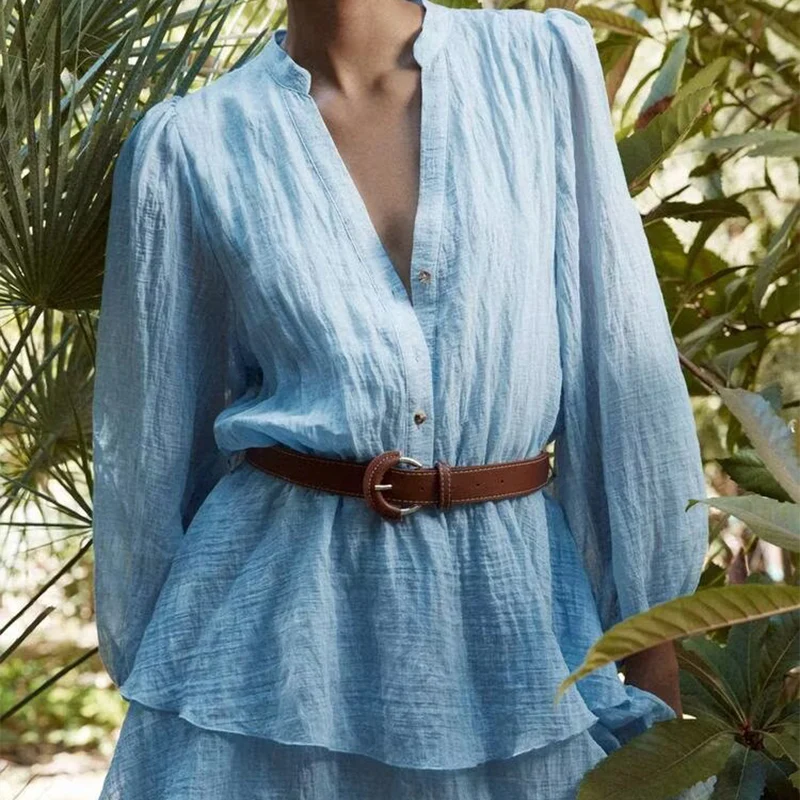 Vestido com Decote em V e Cinto Decoração em Camadas Primavera 2025 Nova Moda Fena Z Fibra de Poliéster 00% Peça Única