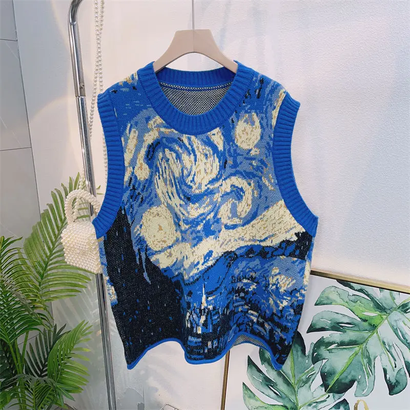 

Gogh oil painting autumn and winter new niche design sense knitted sweater vest sleeveless pullover sweater vest ins jacket