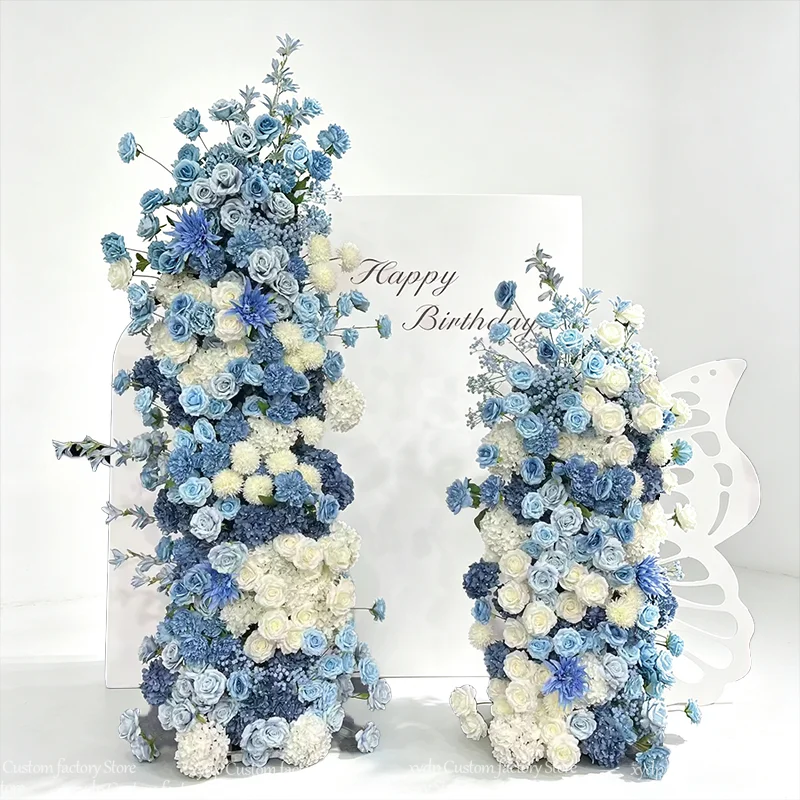 Blaue und weiße künstliche Blumen, KT-Board-Hintergrund, Seidenrosen, Hortensien, Blumenarrangement, Hochzeitstorten-Tisch, Blumen-Event-Party-Deko – Detail 6