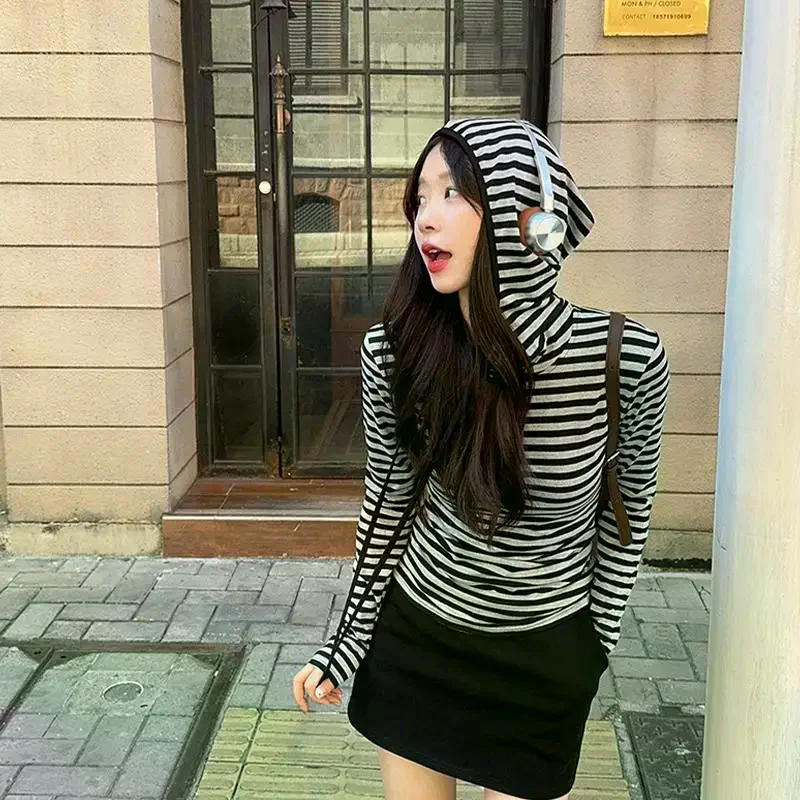 Women Long Sleeve Hoodie Ladies Loose Fit Striped Autumn Top Casual Style Home
