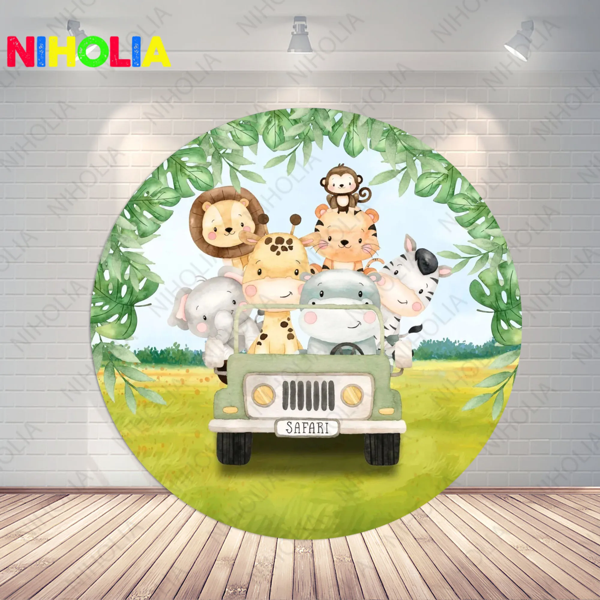 Safari Jungle Backdrop Round Cover Boys Birthday Party Decor Driving Car Animals Baby Shower Vinyl Polyester Photo Background