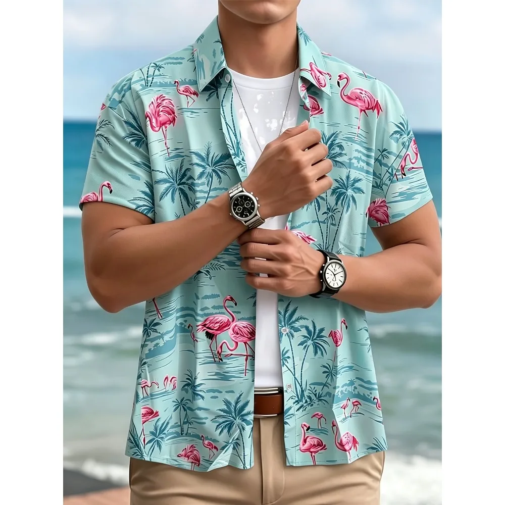 Men Mint Green Flamingo Palm Tree Print Hawaiian Shirt Short Sleeve Lapel Beach Vacation Blouse