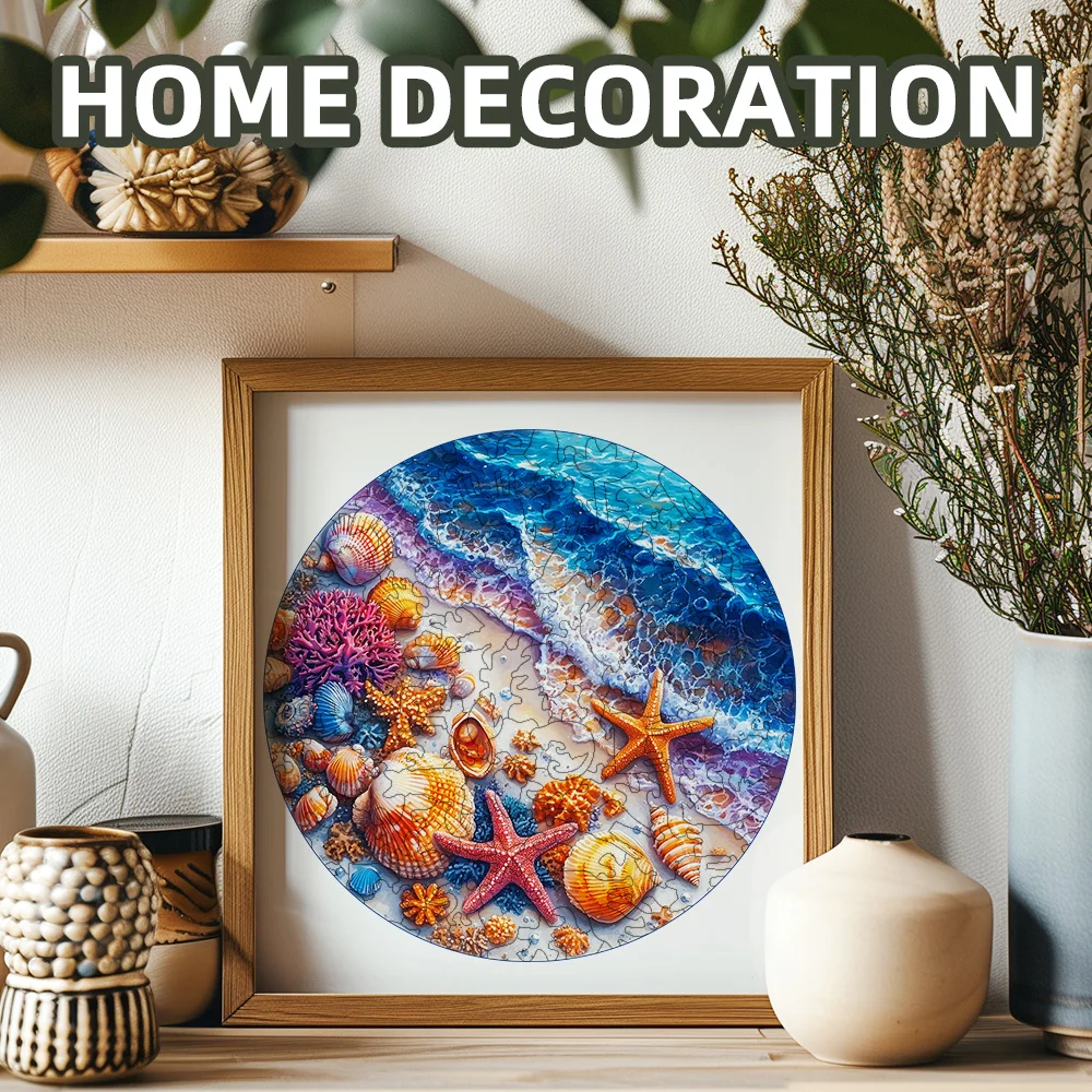 Puzzle de madera Shell Beach, rompecabezas de madera premium, elegante caja de papel, juguete rompecabezas de forma irregular, creatividad divertida, alivio del estrés