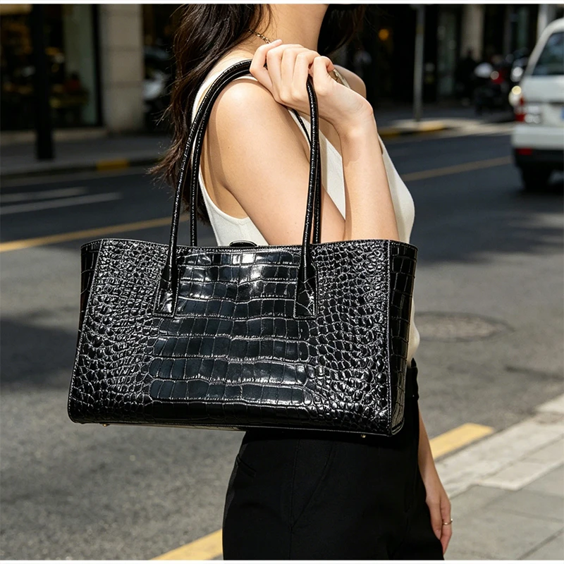 Luxuriöse Ledertasche mit Krokodilmuster, Vintage-Grüne Handtasche mit Großer Kapazität, Magnetverschluss-Clutch Elegante Alltags- und Pendler-Geldbörse – Detail 18