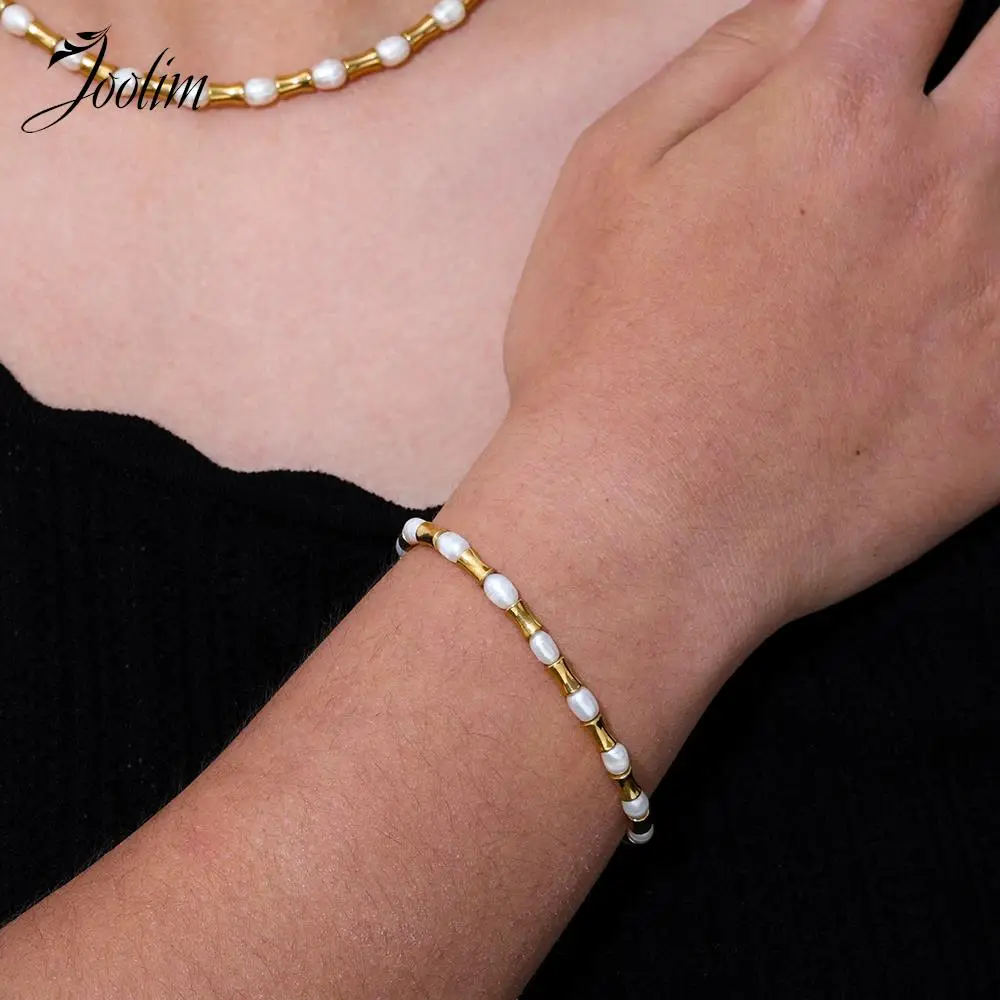 Joolim Jewelry Wholesale High End PVD Waterproof Retro Fresh Water Pearl Splicing Small Waist Stainless Steel Bracelet for Women