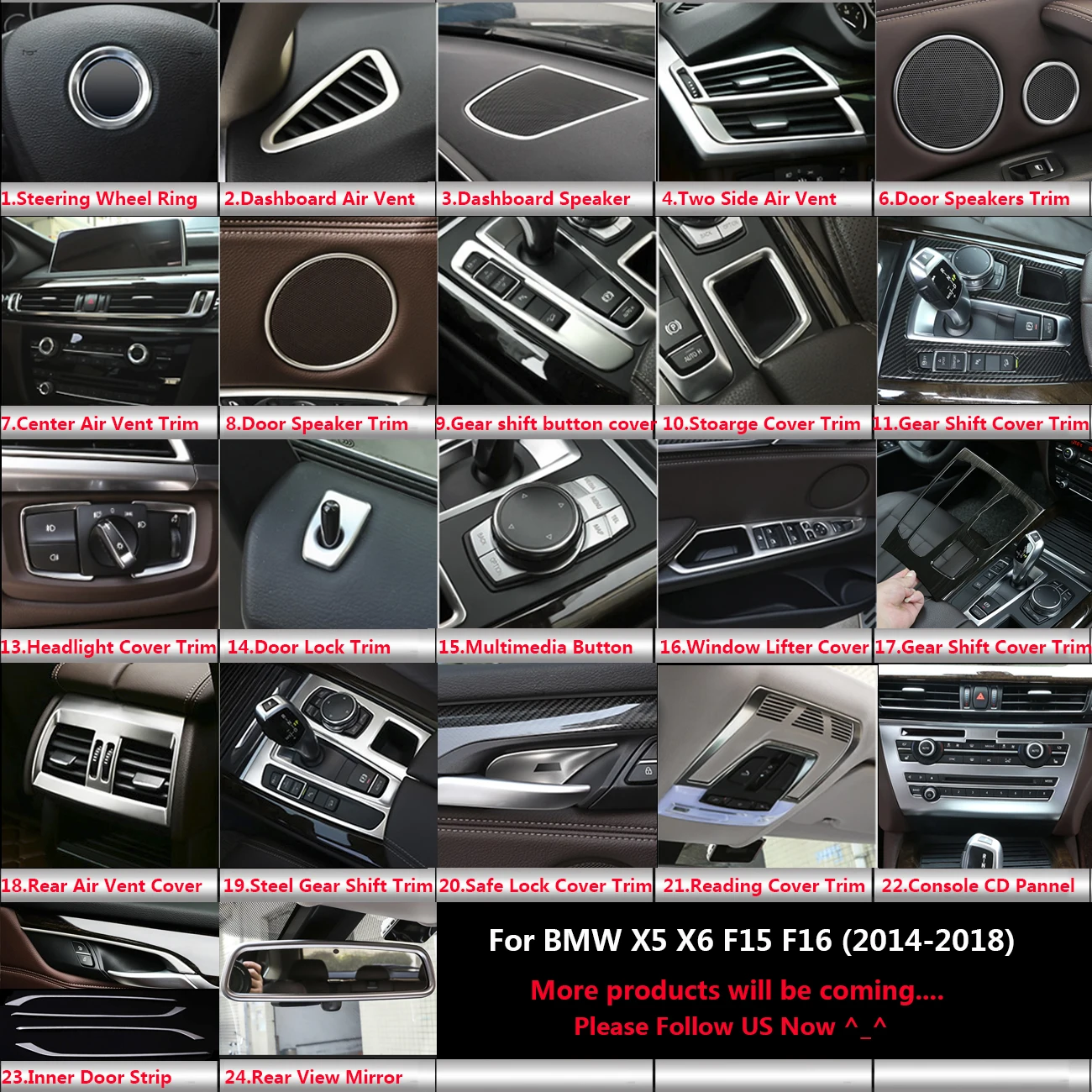 

Stainless Car Interior Dashboard Air Vent Outlet Window Lifter Switch Speaker Gear Shift Pannel Cover Trim For BMW X5 X6 F15 F16